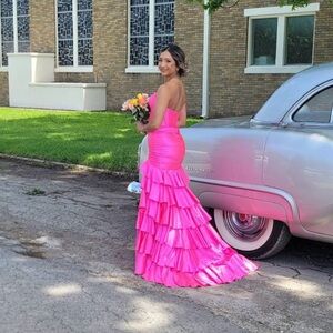 Sherri Hill Vibrant Pink Strapless Ruffle Gown